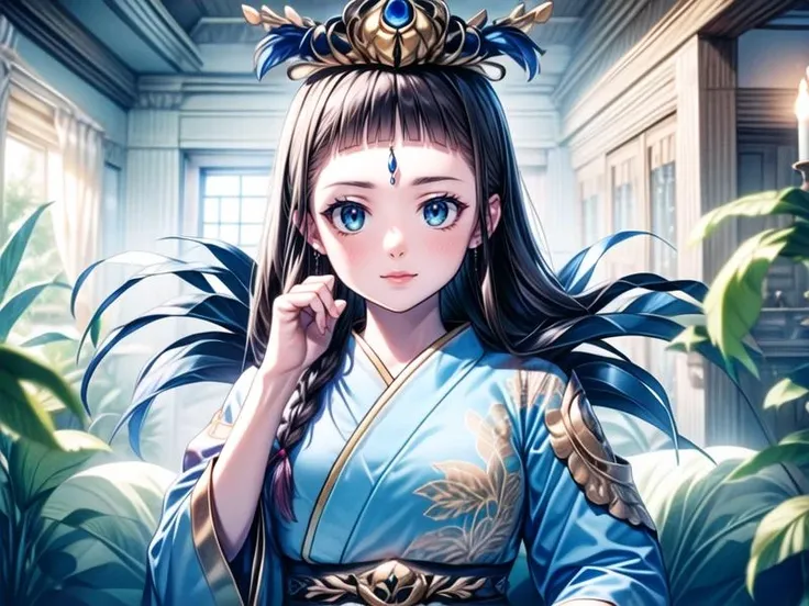1girl, <lora:Naked_last:1>
<lora:Shinobaroness_Peacock_v1:0.8>Shinobaroness_Peacock,long hair,bird,hair ornament,hat,peacock feathers, victoria collar ,(midam breasts:1.0),tabi,long dress, long skirt,clown,, <lora:flatBG:-0.6> ,<lora:flat2:-0.6>,(dark light:1.2),(hyper extreme detailed),(masterpeace:0.5),(hyper extreme),(photorealistic),game cg,llustration,novel illustration,beautiful lighting,light from the front,BREAK, <lora:GoodHands-beta2:1>,(good hand,nice hands, perfect hands:1.2),five finger,, standing,hand on hip, BREAK, perfect anatomy, Only the upper body and head can be seen, view straight on,BREAK