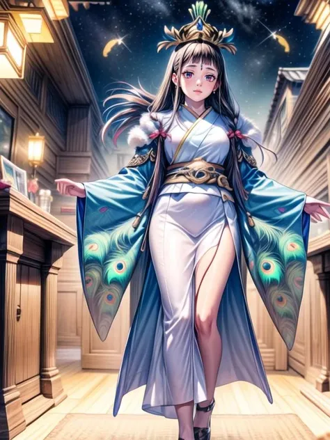 1girl, <lora:Naked_last:1>
<lora:Shinobaroness_Peacock_v1:0.8>Shinobaroness_Peacock,long hair,bird,hair ornament,hat,peacock feathers, victoria collar ,(midam breasts:1.0),tabi,long dress, long skirt,, <lora:flatBG:-0.6> ,<lora:flat2:-0.6>,(dark light:1.2),(hyper extreme detailed),(masterpeace:0.5),(hyper extreme),(photorealistic),game cg,llustration,novel illustration,beautiful lighting,light from the front,BREAK, <lora:GoodHands-beta2:1>,(good hand,nice hands, perfect hands:1.2),five finger,, standing,hand on hip, BREAK, perfect anatomy, Only the upper body and head can be seen, view straight on,BREAK