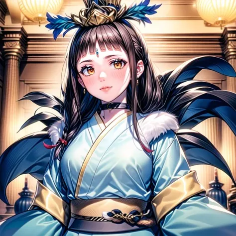 1girl, <lora:Naked_last:1>
<lora:Shinobaroness_Peacock_v1:0.8>Shinobaroness_Peacock,long hair,bird,hair ornament,hat,peacock feathers, victoria collar ,(midam breasts:1.0),tabi,long dress, long skirt,clown, 
royal kimono,layered kimono,, <lora:flatBG:-0.6> ,<lora:flat2:-0.6>,(dark light:1.2),(hyper extreme detailed),(masterpeace:0.5),(hyper extreme),(photorealistic),game cg,llustration,novel illustration,beautiful lighting,light from the front,BREAK, <lora:GoodHands-beta2:1>,(good hand,nice hands, perfect hands:1.2),five finger,, standing,hand on hip, BREAK