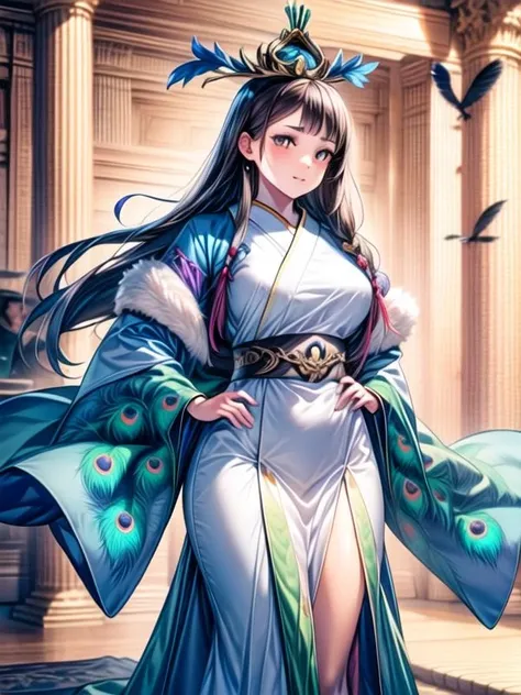 a woman in a blue dress with a white top and blue cape, full body xianxia, keqing from genshin impact, zhongli from genshin impact, from bravely default ii, full body wuxia, scales covering her chest, yun ling, extremely detailed goddess shot, inspired by Lan Ying, inspired by Li Tang, japanese goddess, flowing robes