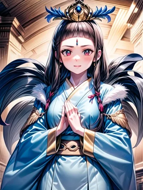 1girl, <lora:Naked_last:1>
<lora:Shinobaroness_Peacock_v1:0.8>Shinobaroness_Peacock,long hair,bird,hair ornament,hat,peacock feathers, victoria collar ,(midam breasts:1.0),tabi,long dress, long skirt,, <lora:flatBG:-0.6> ,<lora:flat2:-0.6>,(dark light:1.2),(hyper extreme detailed),(masterpeace:0.5),(hyper extreme),(photorealistic),game cg,llustration,novel illustration,beautiful lighting,light from the front,BREAK, <lora:GoodHands-beta2:1>,(good hand,nice hands, perfect hands:1.2),five finger,, standing,hand on hip, BREAK, perfect anatomy, Only the upper body and head can be seen, view straight on,BREAK