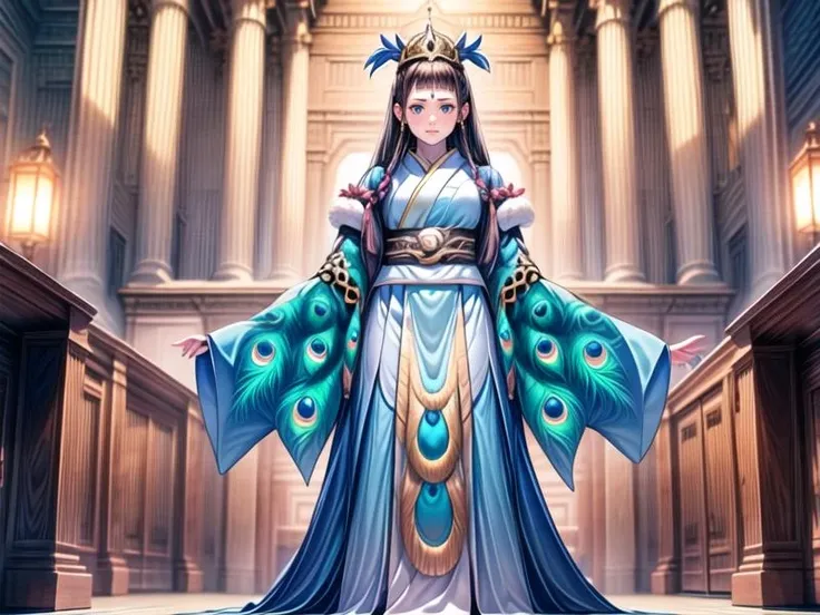 1girl, <lora:Naked_last:1>
<lora:Shinobaroness_Peacock_v1:0.8>Shinobaroness_Peacock,long hair,bird,hair ornament,hat,peacock feathers, victoria collar ,(midam breasts:1.0),tabi,long dress, long skirt,clown,, <lora:flatBG:-0.6> ,<lora:flat2:-0.6>,(dark light:1.2),(hyper extreme detailed),(masterpeace:0.5),(hyper extreme),(photorealistic),game cg,llustration,novel illustration,beautiful lighting,light from the front,BREAK, <lora:GoodHands-beta2:1>,(good hand,nice hands, perfect hands:1.2),five finger,, standing,hand on hip, BREAK, perfect anatomy, Only the upper body and head can be seen, view straight on,BREAK