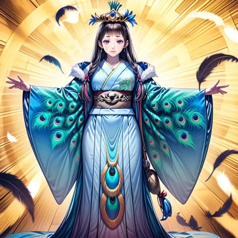 1girl, <lora:Naked_last:1>
<lora:Shinobaroness_Peacock_v1:0.8>Shinobaroness_Peacock,long hair,bird,hair ornament,hat,peacock feathers, victoria collar ,(midam breasts:1.0),tabi,long dress, long skirt,clown,
royal kimono,layered kimono,, <lora:flatBG:-0.6> ,<lora:flat2:-0.6>,(dark light:1.2),(hyper extreme detailed),(masterpeace:0.5),(hyper extreme),(photorealistic),game cg,llustration,novel illustration,beautiful lighting,light from the front,BREAK, <lora:GoodHands-beta2:1>,(good hand,nice hands, perfect hands:1.2),five finger,, standing,hand on hip, BREAK