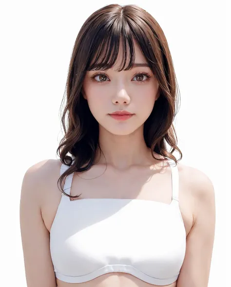 best quality, photorealistic, 8k, high res, 1girl, woman, (skindentation), (portrait:0.6), gorgeous, ((whitebackground, sport bra, small breast:1.65)), (short wavy hair, parted bangs:1.6), looking at viewer, (1girl eyes looking at viewer:1.6), photorealistic, (bokeh), (floating hair, smile:1.3), gorgeous, pureerosface_v1:1, <lora:av-rena:0.45>