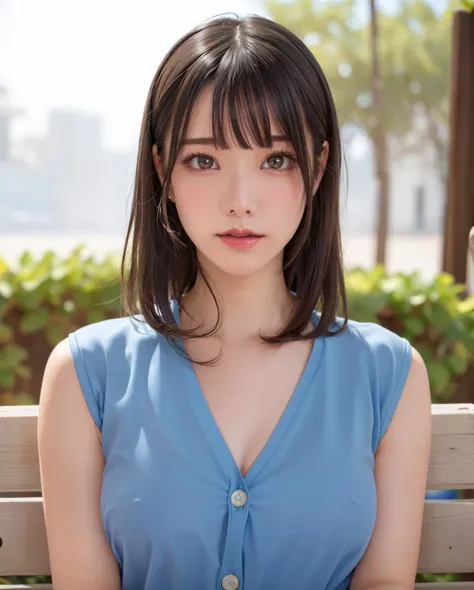 pureerosface_v1:0.03, best quality, photorealistic, 8k, high res, full color, 1girl, woman, 20 years old woman, (closed mouth:1.73), (skindentation), (portrait:0.6), trees, park bench, daylight, ((park background:1.52)), full color, ((buttonedbluepinstripeshirt:1.58)), looking at viewer:1.8, (1girl eyes looking at viewer:1.55), (medium hair, brownhair, sweptpartedbangs:1.45), (bokeh), <lora:AAV-rena:0.64>