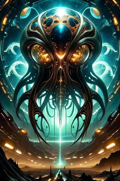 Alien-themed sci-fi style biomechanical style horror-themed (((epic-Ultra-HD-details, epic-Ultra-HD-highlights, epic-photo-same-realistic, upscaled-resolution, optimal)))A bio-mechanical forest taking over a desolate and abandoned dystopian cityscape,crumbling buildings,ruined skyscrapers,destroyed vehicles,remains,tendrils spreading everywhere,mechanical plants and flowers,mechanicals parts,bio-mechanical parts,living metal.,v3rh03v3n,kkw-detailMe-v1.0,<lora:alienzkin:0.8>,alienzkin,Ghost Diffusion,, eerie, unsettling, dark, spooky, suspenseful, grim, highly detailed,(((text))),((color)),(shading),background,noise,dithering,gradient,detailed,out of frame,ugly,error,Illustration, watermark,(((gothic ink on paper))),H.P. Lovecraft,Arthur Rackham, blend of organic and mechanical elements, futuristic, cybernetic, detailed, intricate, futuristic, technological, space themes, advanced civilizations, light leaks, lens flares . Extraterrestrial, cosmic, otherworldly, mysterious, sci-fi, highly detailed