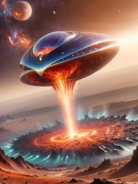 alien spacecraft, crashing on planet, huge expolsion on impact, bright colors, fire, alienzkin <lora:alienzkin:1>