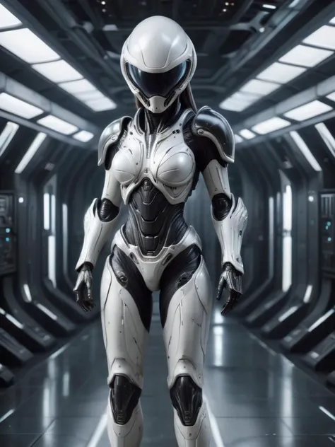 full body shot, masterpiece, best quality, (photorealistic:1.4), a photo of a woman, wearing black alienzkin war armour, (white alienzkin helmet:1.2), futuristic weapon room, war worn equipment <lora:alienzkin:0.6>