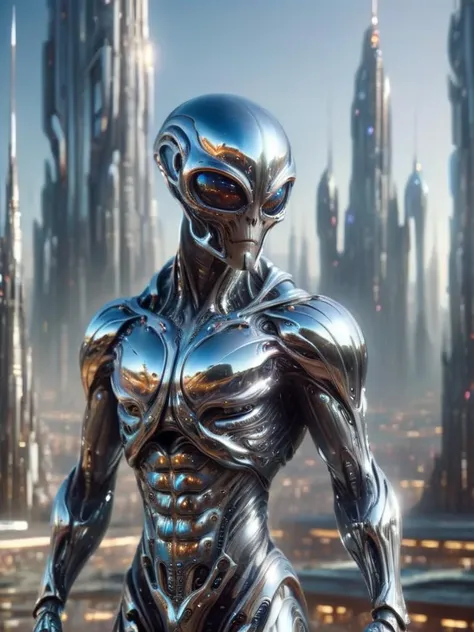 plaza, futuristic chrome cityscape in background, muscular (SebastianKross) wearing alienzkin , chrome paladin armor, holding chrome sword, sharp focus, high skin detail, photorealistic, masterpiece, (((full body portrait))), (full body), wide angle, (high face detail), (even lighting), <lora:alienzkin:1>