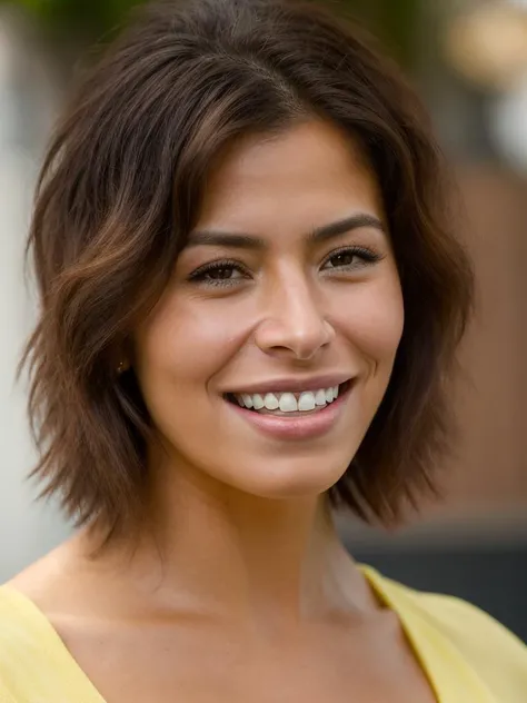 A beautiful s4r4hs woman, 1girl,solo,short hair,smile,brown hair,shirt,black hair,brown eyes,teeth,lips,portrait,yellow shirt,realistic,nose,soft lighting, professional Photography, Photorealistic, detailed, RAW, analog, sharp focus, 8k, HD, high quality, masterpiece<lora:s4r4hs:1.0>
