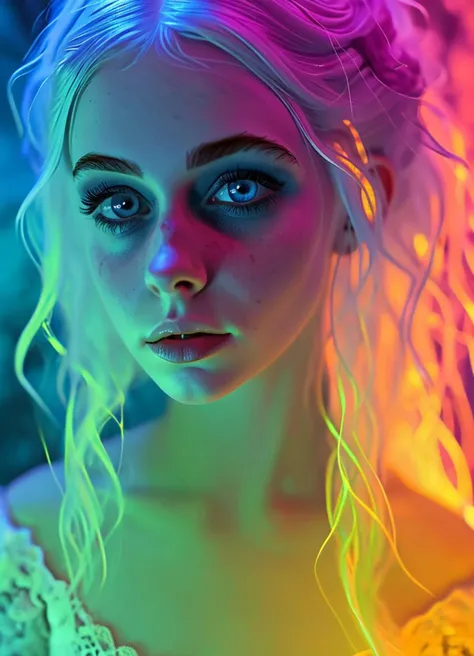 (Facing Viewer), Nude, half body, close up, glowing woman in rainbow, rainbow hair, ethereal light, dark background, intense light, surreal atmosphere, digital art, dramatic lighting, detailed textures, ultra-high resolution