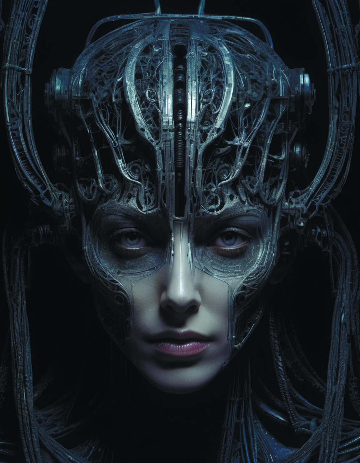 portrait of neural nightmares by yoshitaka amano and HR Giger,detailed face face face face,clear visible facial structure,hd,8k,very very very very electronic,biomechanical,biology,bio,neural machine hyper violet,dark background <lora:add-detail-xl:1.6> DonMn1ghtm4reXL <lora:DonMn1ghtm4reXL:0.7> by Wendy Froud <lora:WendyFroud:0.6>