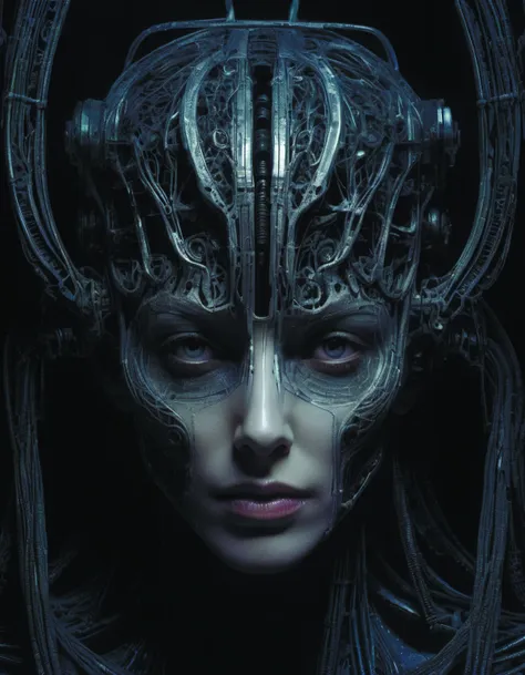 portrait of neural nightmares by yoshitaka amano and HR Giger,detailed face face face face,clear visible facial structure,hd,8k,very very very very electronic,biomechanical,biology,bio,neural machine hyper violet,dark background <lora:add-detail-xl:1.6> DonMn1ghtm4reXL <lora:DonMn1ghtm4reXL:0.7> by Wendy Froud <lora:WendyFroud:0.6>