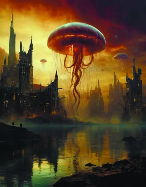 little luminous jellyfish floating on cosmic cloudscape at sunset,futurism,dan mumford,victo ngai,kilian eng,da vinci,josan gonzalez elsen,realistic 4k shimmering 3d,chiaroscuro,hieronymus bosch dean of omin drago,surreal dark undertones,best of behance,<lora:add-detail-xl:1.6> future city,by diegocr,science fiction <lora:Future_Citys_xl-000012:0.8> DonMn1ghtm4reXL <lora:DonMn1ghtm4reXL:0.7>