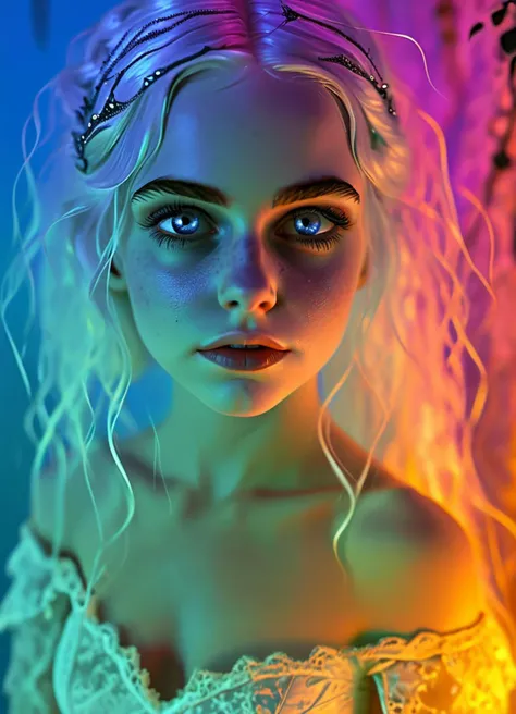 (mid shot portrait), 22-year-old female goth necromancer lightly clad in a cropped off-the-shoulder lace corset top and skirt, skinny and slim and, very long silver white hair and alabaster skin pale and blue eyes, slim face, innocent looking, in a gloomy crypt, graceful, wispy, ghostly, evil, demonic, darkness, mysterious, dark, cold ambient lighting, extremely detailed, fantasy, medieval setting <lora:XL_DonMn1ghtm4reXL:0.35> DonMn1ghtm4reXL <lora:MJ52:0.48> <lora:Bio-Luminescence:0.6> bioluminescent, glowing, subsurface scattering, ultra hd, 4k, high def, Photorealistic, Hyperrealistic, Hyper detailed, analog style, realistic, masterpiece, best quality, ultra realistic, 8k, Intricate, High Detail, film photography, soft lighting, heavy shadow