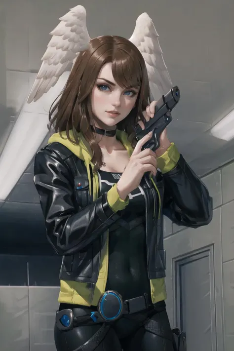 Highly detailed, High Quality, Masterpiece, beautiful, ImAHealerButMeme, <lora:ImAHealerButMeme:1>, 1girl, eunie, brown hair, black choker, chest tattoo, open jacket, black jacket, head wings, blue eyes, medium breasts, perfect hands, <lora:Char_Xenoblade_Eunie:0.9>