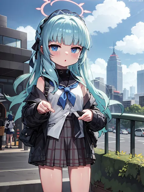 masterpiece, best quality, 1girl, solo, long_hair, wavy, bangs, sky_blue_hair, skirt, unifrom, outdoors, city, <lora:leo-6:1>