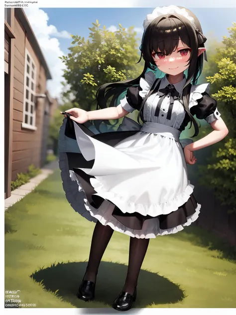 masterpiece, best quality, 1girl, solo, smile, long_hair, wavy, bangs, black_hair, skirt, maid, outdoors, standing, <lora:leo-6:1>