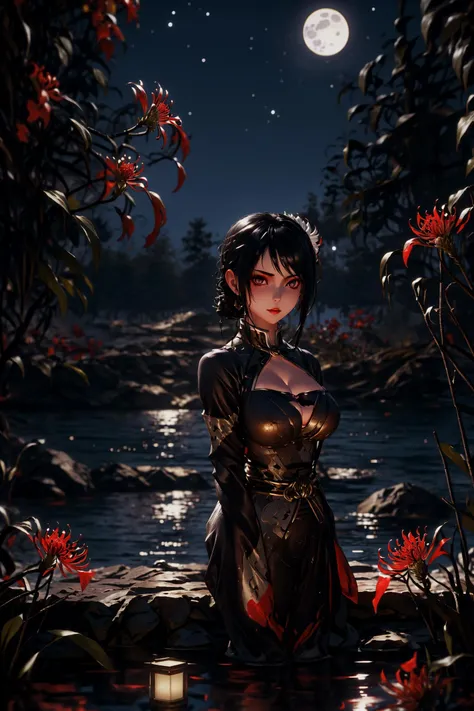 masterpiece, best quality, 1girl, big breasts, cleavage, looking at viewer, spider lily, scenery, water, night, moonlight, <lora:aki-000018:0.5> <lora:æå½©-000018:0.7>