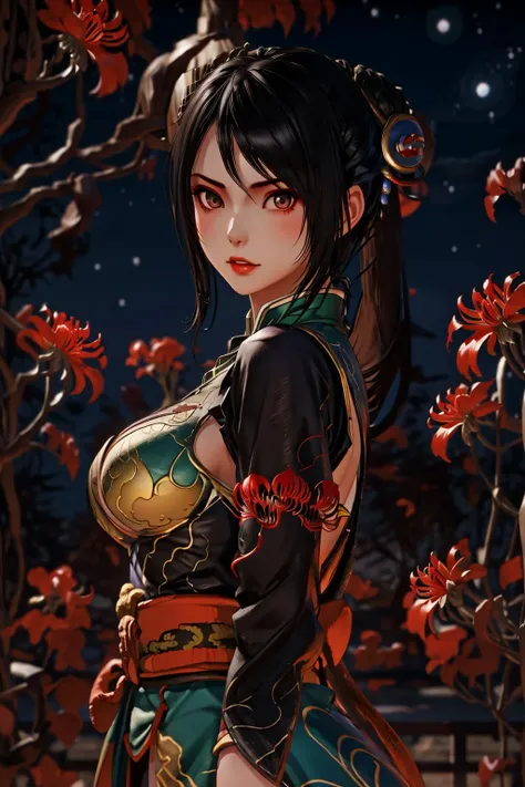 masterpiece, best quality, 1girl, big breasts, looking at viewer, chinese clothes, spider lily, night sky <lora:æå½©-000018:0.8> <lora:aki-000018:0.5>