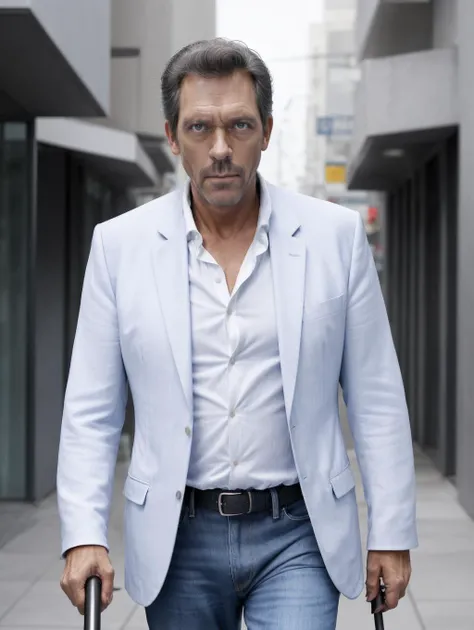 d0tth0, man, age: 50 years, stubble, white shirt, blue suit jacket, jeans, walking with a cane, cane,
<lora:Dottor House_d0tth0:1.2>