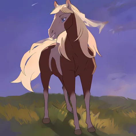 1horse, sorrel tovero paint horse, a pale blonde mane and tail, and crystal blue eyes, with eagle feather in her mane, (best quality, masterpiece), (one color background), (dark background), (((fur))), (flat background), <lora:rain_from_spirit2002:1>, full body, ((mane on the one side))