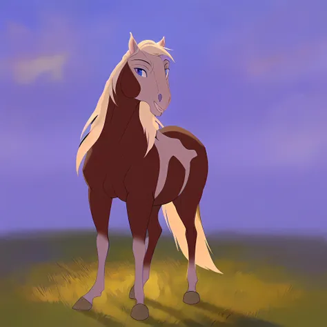 1horse, sorrel tovero paint horse, a pale blonde mane and tail, and crystal blue eyes, with eagle feather in her mane, (best quality, masterpiece), (one color background), (dark background), (((fur))), (flat background), <lora:rain_from_spirit2002:1>, full body, ((mane on the one side))