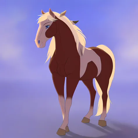 1horse, sorrel tovero paint horse with a roman nose, a pale blonde mane and tail, and crystal blue eyes, with eagle feather in her mane, (best quality, masterpiece), (one color background), (dark background), (((fur))), (flat background), <lora:rain_from_spirit2002:0.9>, full body, (3d)