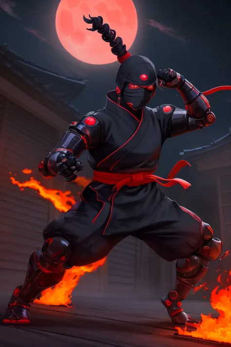 human ninja attacking in a burning dojo, fierce stance, outside, colorful, moonlit night