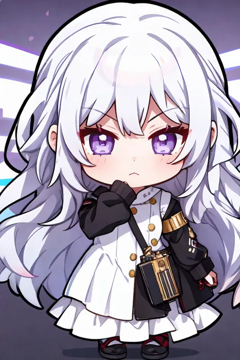 1girl, long hair, pc_chan,  chibi:1.5, one piece dress, white dress,  silver hair,  purple eyes, dark skin, white background,  <lora:pc_chan:1>, <lyco:STAREMOTESV2-20:0.6>,  <lora:add_detail:0.2> , (full body:1.2),  (mischievous:1.2),