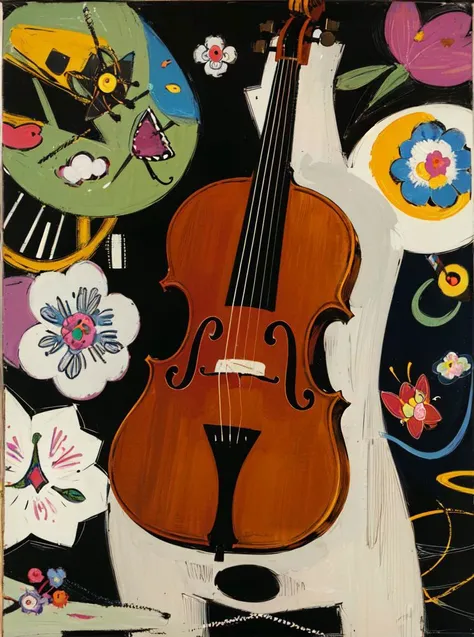 (Masterpiece: 1.2), (Best Quality: 1.2), (Ultra High Resolution: 1.2), flowers, vase, cello, circle, bubbles, staff, musical notes, (style of Victor Brauner:1.2)