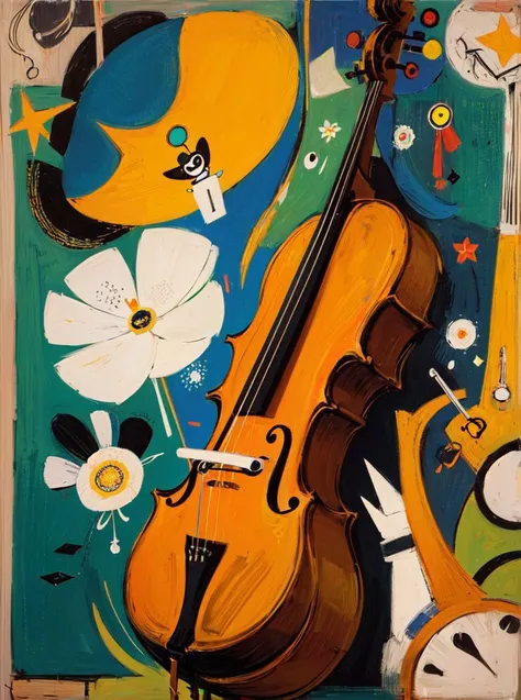 (Masterpiece: 1.2), (Best Quality: 1.2), (Ultra High Resolution: 1.2), no humans, flowers, vase, cello, circle, bubbles, staff, musical notes, (style of Victor Brauner:1.2)