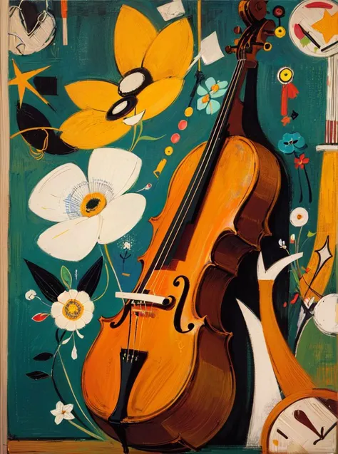 (Masterpiece: 1.2), (Best Quality: 1.2), (Ultra High Resolution: 1.2), no humans, flowers, vase, cello, circle, bubbles, staff, musical notes, (style of Victor Brauner:1.2)
