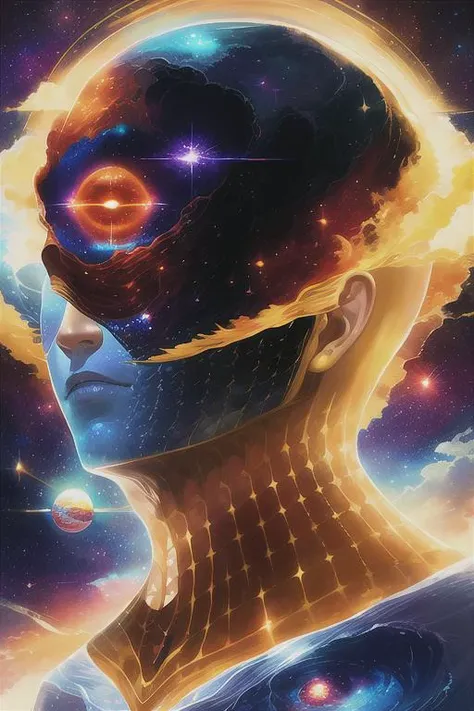solo, looking_at_viewer, short_hair, black_hair, red_eyes, 1boy, closed_mouth, blue_hair, yellow_eyes, male_focus, sky, teeth, artist_name, cloud, signature, dark_skin, star_(symbol), from_side, orange_eyes, profile, night, glowing, watermark, portrait, star_(sky), night_sky, glowing_eyes, starry_sky, reflection, space, bald, giant, aura, glowing_eye, planet, earth_(planet), galaxy