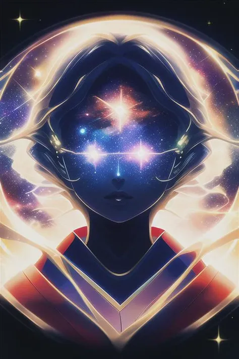 a portrait of a woman in a red kimono,space,glowing, sky