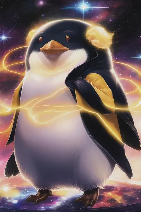 a fat penguin,space,glowing,