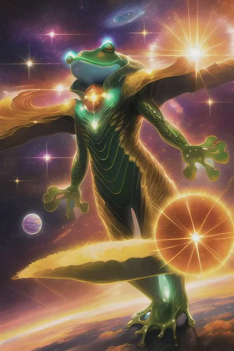 a giant frog,space,glowing, sky, sunset, sun, space, giant, planet, galaxy