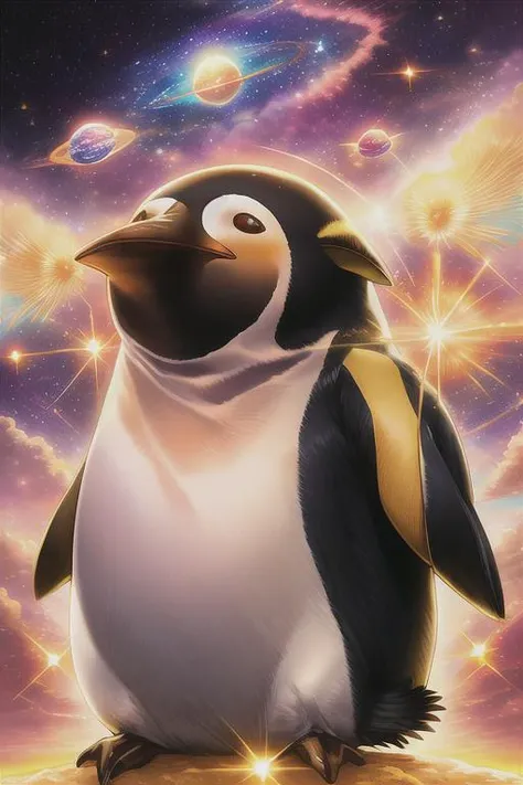 a fat penguin,space,glowing, sky, sunset, sun, space, giant, planet, galaxy