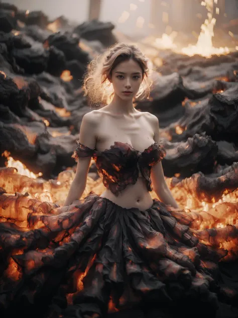 1 villan girl,angry,20yo,eyes on fire,hair on fire,realistic style with fantasy elements,high-definition,shiny skin,Surrealism,<lora:wlqc_20230819041248:0.75>,lava,hood,burning hair,wings landing,<lora:Color Separation_B_1.1:1>,an overlong torn skirt,(absolute_territory:1.5), <lora:landing_wings:0.8>,sky is covered with burning embers,<lora:glowingdust:0.4> glowingdust, bokeh, <lora:add_brightness:0.3>