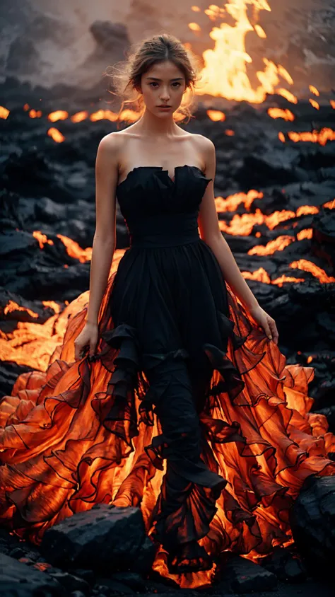 <lora:wlqc_20230819041248:0.8>, 1girl,fire dress,lava,