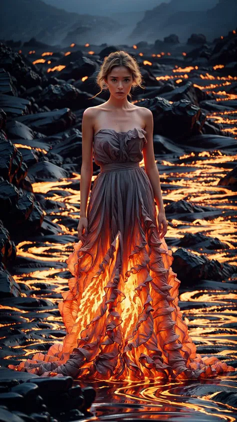 <lora:wlqc_20230819041248:0.8>, 1girl,fire dress,lava,