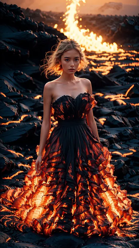 <lora:wlqc_20230819041248:0.8>, 1girl,fire dress,lava,