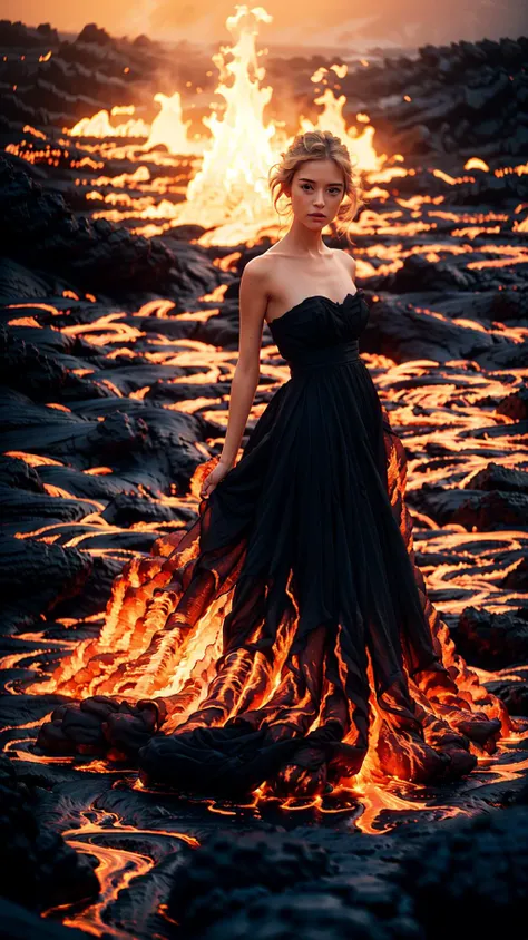 <lora:wlqc_20230819041248:0.8>, 1girl,fire dress,lava,
