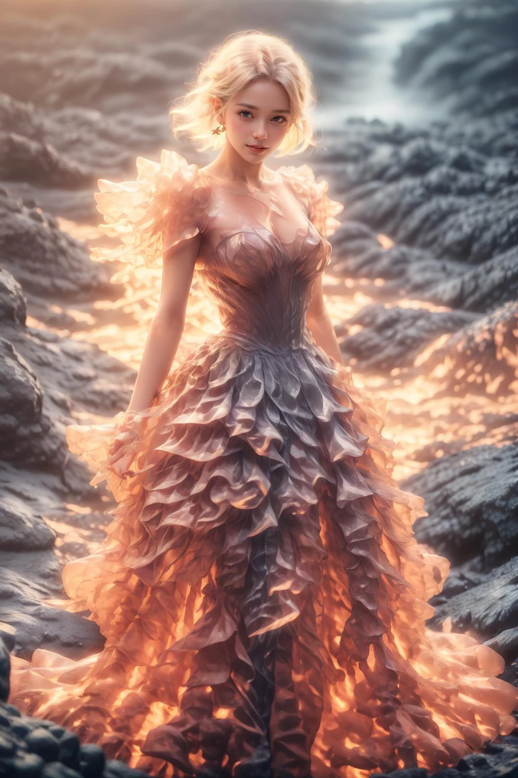 (Realistic),masterpiece,best quality,cinematic lighting,natural shadow,highest detail,professional photography,detailed background,depth of field,insane details,intricate,aesthetic,detailed face,subsurface scattering,realistic hair,realistic eyes,Jib Shot,looking at viewer,
1girl,photo of a cute girl,light smile,charming,20yo,Metallic gold hair,French bob Hair,Side parted,full body,dynamic pose,
<lora:Clothing - Ice Armor:0.8>,ic34rmor,ice,
<lora:æ³å
:0.5>,<lora:add_detail:1>,<lora:ç±è½çº±:0.8>,<lora:GoodHands-beta2:1>,