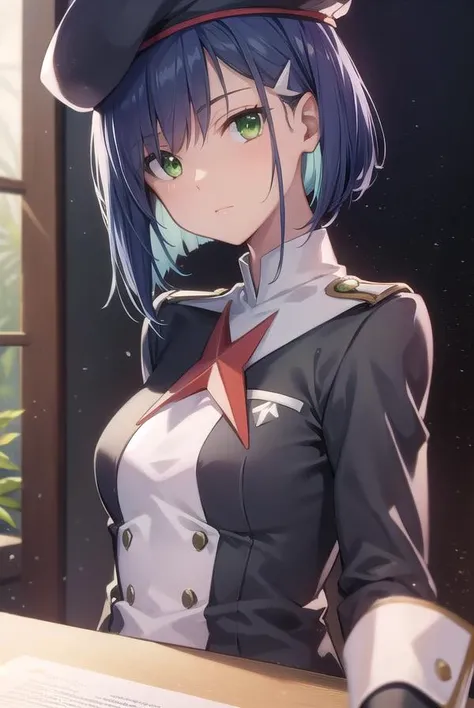 franxxichigo, <lyco:ichigo-lyco-nochekaiser:1>,
ichigo, blue hair, (green eyes:1.5), hair ornament, hairclip, short hair,
BREAK beret, hat, military, military uniform, uniform,
BREAK looking at viewer,
BREAK indoors, classroom,
BREAK <lyco:GoodHands-beta2:1>, (masterpiece:1.2), best quality, high resolution, unity 8k wallpaper, (illustration:0.8), (beautiful detailed eyes:1.6), extremely detailed face, perfect lighting, extremely detailed CG, (perfect hands, perfect anatomy),
