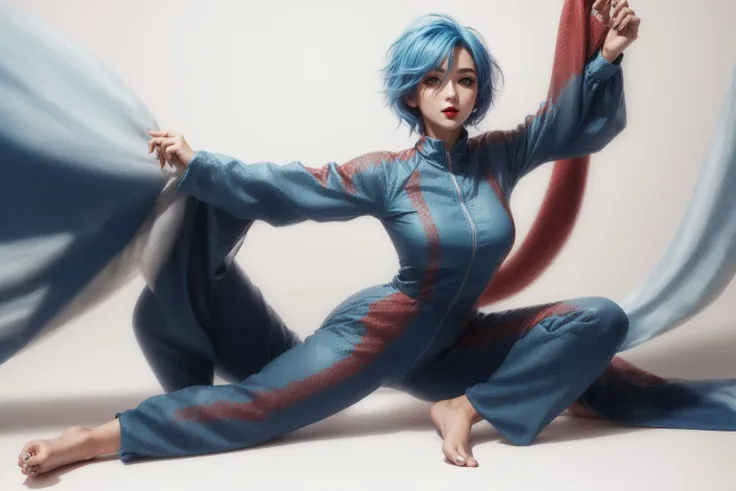 best quality, (1girl, short Sky Blue hair, red lips), (wearing long sleeves, tight jumpsuit), barefoot, white background <lora:hairdetailer:.5> <lora:add_detail:0.5> <lora:boldline:0.2>