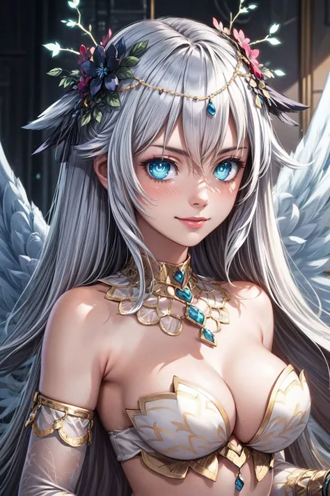 ((ultra realistic details)),octane render, (portrait:1.2),(upper body:1.3),  8k, ultra sharp,intricate, illumination, highly intricate details, realistic light, Kodak portra 400, film grain,shadows, glowing eyes,blush,smile,(glowing hair:1.1), 1girl, looking at viewers,(flower hair ornamen:1.2),head wreath, ,indoors,standing,  <lora:add_detail:0.7>,BlackHeart, symbol-shaped pupils, BlackHeartAngel, symbol-shaped pupils, hair flower, hair ornament, angel, wings, revealing clothes, white gloves, <lora:CHAR-BlackHeart:1>