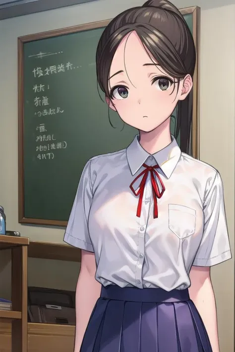 akaneyoshizawa, <lora:akaneyoshizawa-lora-nochekaiser:1>,
akane yoshizawa, black hair, ponytail, (green eyes:1.5), swept bangs, long hair,
BREAK skirt, shirt, ribbon, school uniform, white shirt, short sleeves, pleated skirt, shoes, socks, blue skirt, white socks, collared shirt, red ribbon,
BREAK indoors, classroom,
BREAK looking at viewer, (cowboy shot:1.5),
BREAK <lyco:GoodHands-beta2:1>, (masterpiece:1.2), best quality, high resolution, unity 8k wallpaper, (illustration:0.8), (beautiful detailed eyes:1.6), extremely detailed face, perfect lighting, extremely detailed CG, (perfect hands, perfect anatomy),