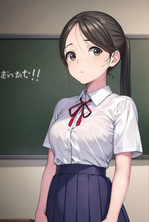 akaneyoshizawa, <lora:akaneyoshizawa-lora-nochekaiser:1>,
akane yoshizawa, black hair, ponytail, (green eyes:1.5), swept bangs, long hair,
BREAK skirt, shirt, ribbon, school uniform, white shirt, short sleeves, pleated skirt, shoes, socks, blue skirt, white socks, collared shirt, red ribbon,
BREAK indoors, classroom,
BREAK looking at viewer, (cowboy shot:1.5),
BREAK <lyco:GoodHands-beta2:1>, (masterpiece:1.2), best quality, high resolution, unity 8k wallpaper, (illustration:0.8), (beautiful detailed eyes:1.6), extremely detailed face, perfect lighting, extremely detailed CG, (perfect hands, perfect anatomy),