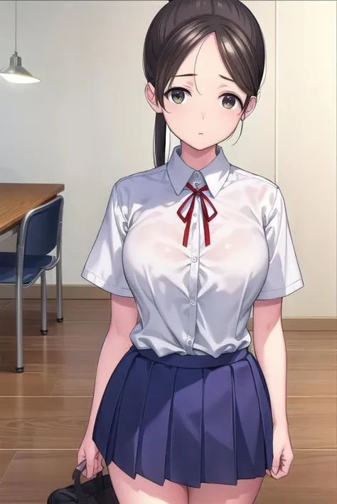 akaneyoshizawa, <lora:akaneyoshizawa-lora-nochekaiser:1>,
akane yoshizawa, black hair, ponytail, (green eyes:1.5), swept bangs, long hair,
BREAK skirt, shirt, ribbon, school uniform, white shirt, short sleeves, pleated skirt, shoes, socks, blue skirt, white socks, collared shirt, red ribbon,
BREAK indoors, classroom,
BREAK looking at viewer, (cowboy shot:1.5),
BREAK <lyco:GoodHands-beta2:1>, (masterpiece:1.2), best quality, high resolution, unity 8k wallpaper, (illustration:0.8), (beautiful detailed eyes:1.6), extremely detailed face, perfect lighting, extremely detailed CG, (perfect hands, perfect anatomy),